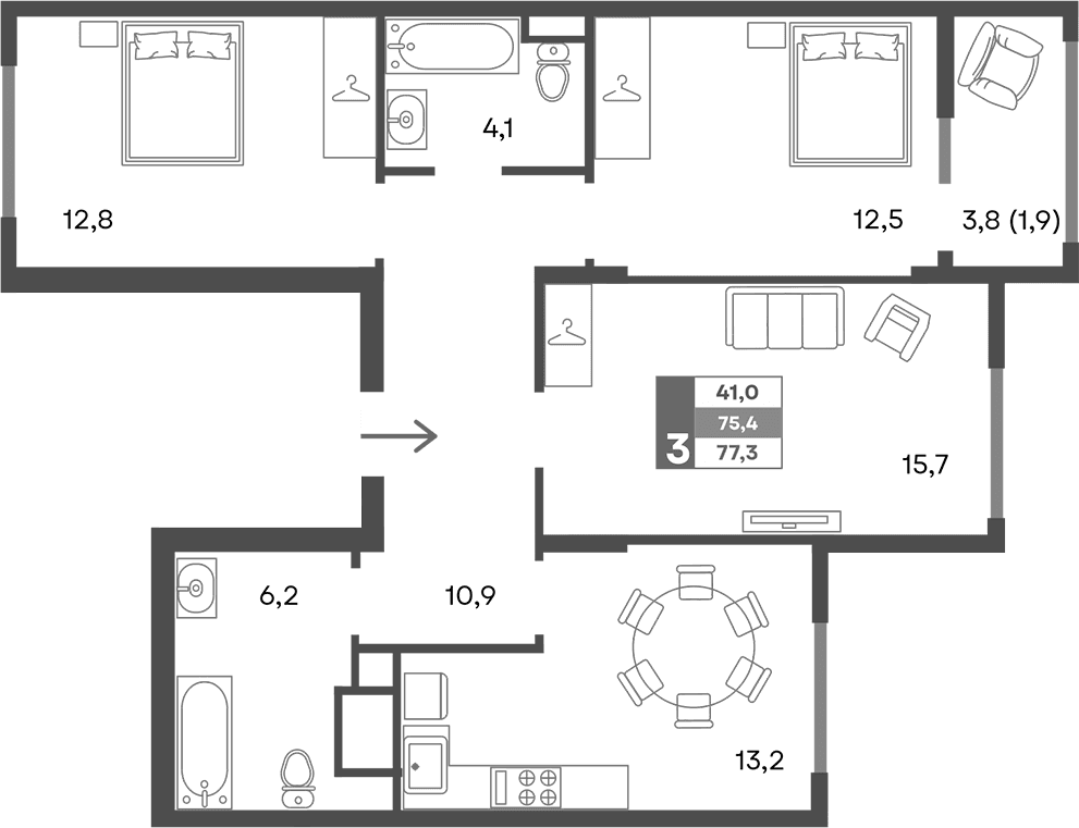 3-комн., 75.4 м²