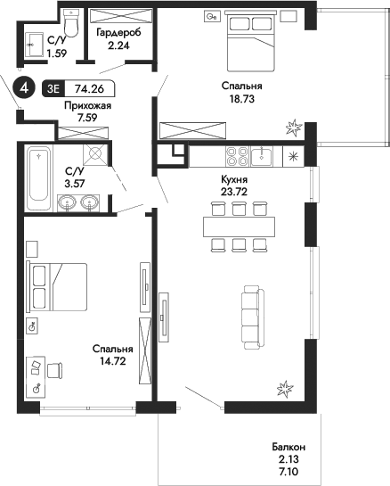 3-комн., 72.13 м²