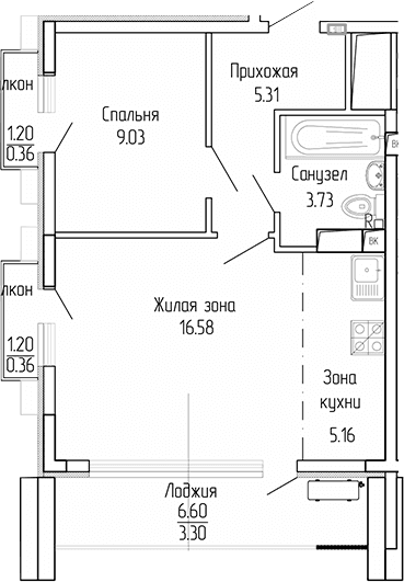 1-комн., 39.81 м²