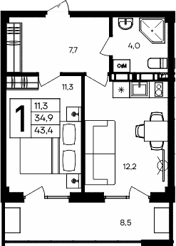 1-комн., 34.9 м²