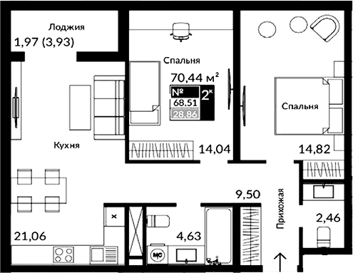 3-комн., 58.89 м²