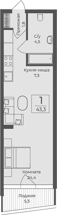 Студия, 38 м²