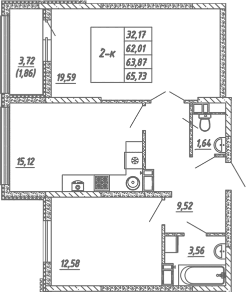 3-комн., 62.01 м²