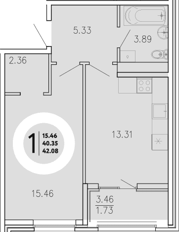 1-комн., 40.35 м²
