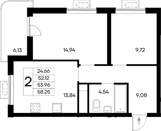 2-комн., 52.12 м²