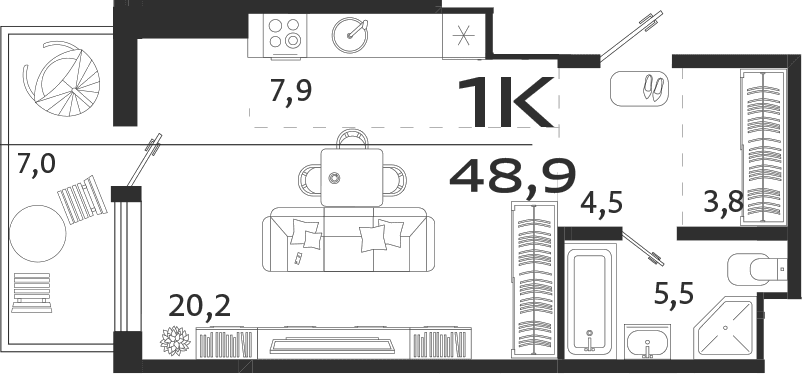 Студия, 41.9 м²