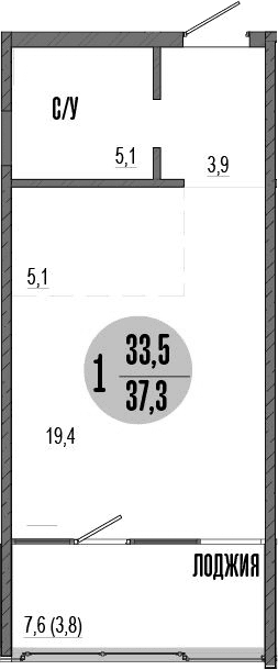 Студия, 33.5 м²