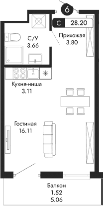 Студия, 26.68 м²