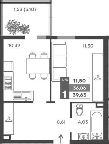 1-комн., 34.53 м²