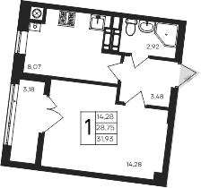 1-комн., 28.75 м²