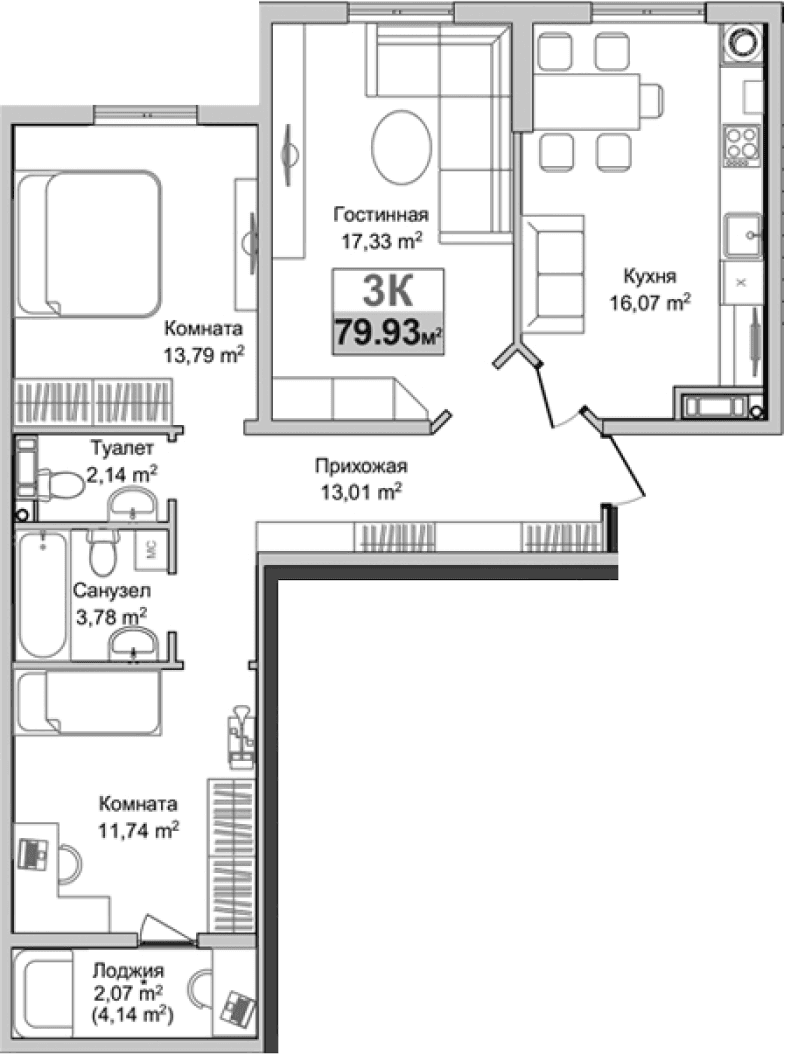 3-комн., 77.86 м²