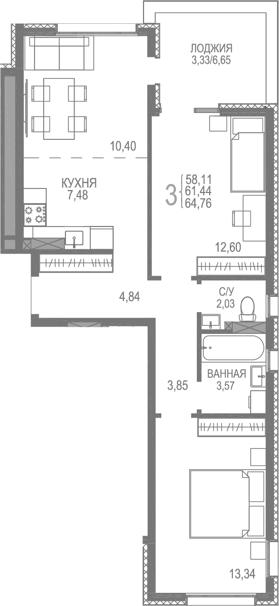 2-комн., 61.43 м²