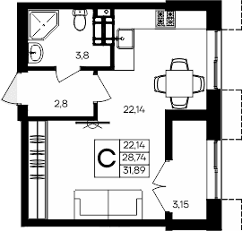 Студия, 28.74 м²