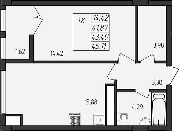 1-комн., 41.87 м²