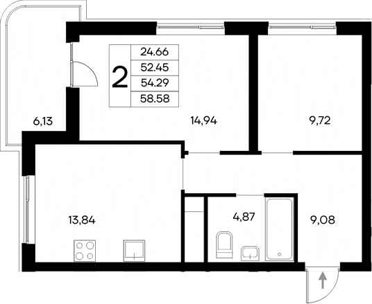2-комн., 52.45 м²