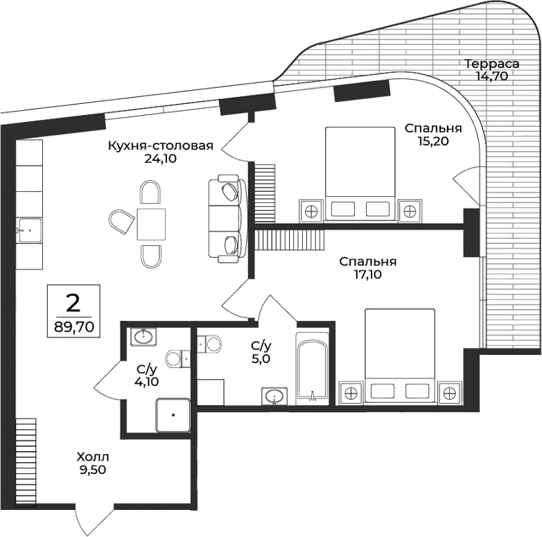 2-комн., 75 м²