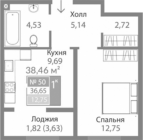 1-комн., 34.83 м²