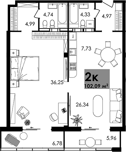 2-комн., 89.35 м²