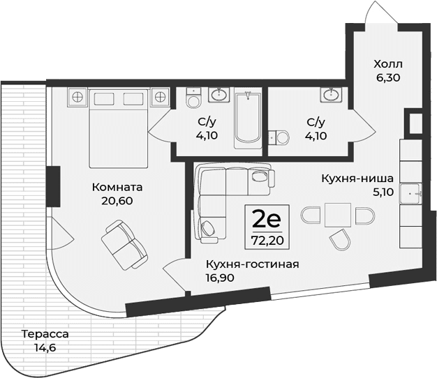 2-комн., 57.6 м²