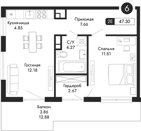 2-комн., 43.44 м²