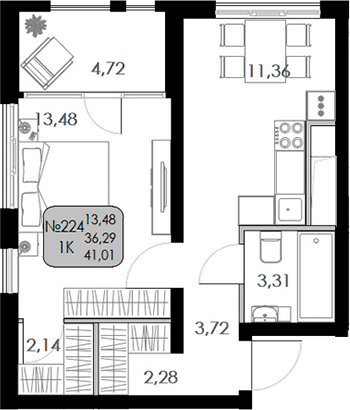 1-комн., 36.29 м²