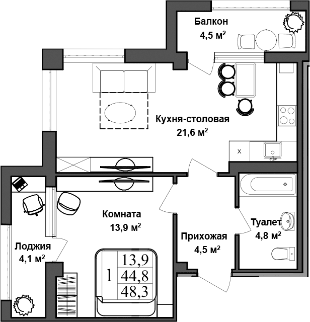 1-комн., 44.9 м²