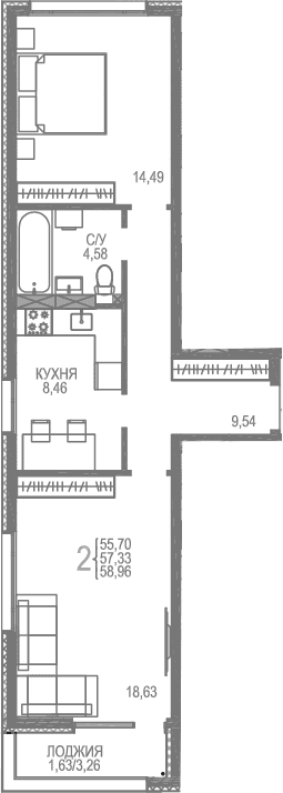 2-комн., 57.33 м²