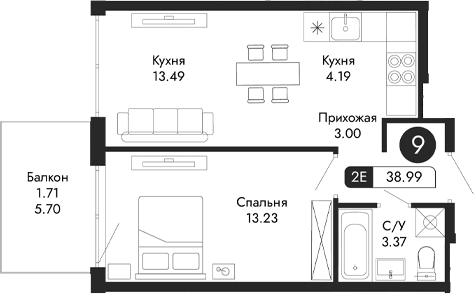 2-комн., 37.28 м²