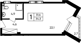Студия, 31.6 м²