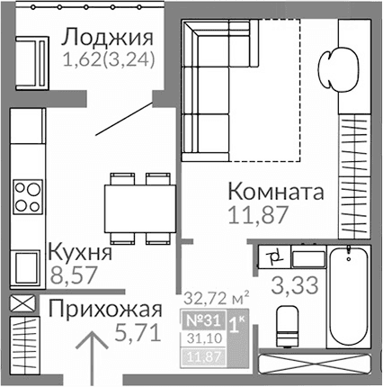 1-комн., 29.48 м²