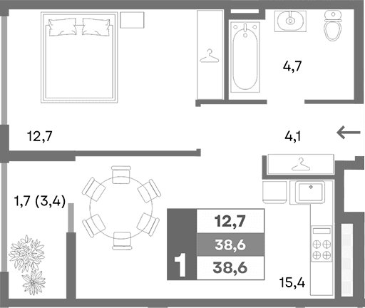 1-комн., 36.9 м²