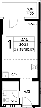 Студия, 28.39 м²