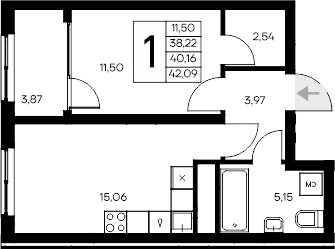 1-комн., 38.22 м²