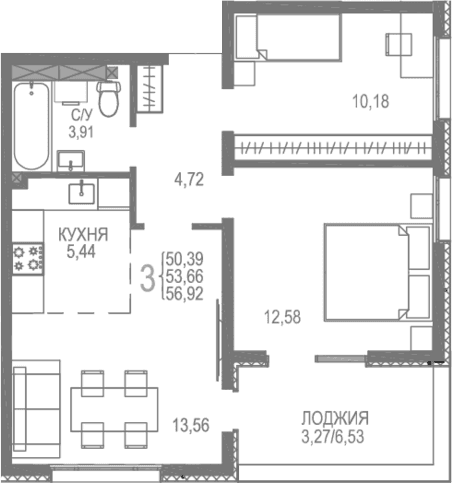 2-комн., 53.65 м²