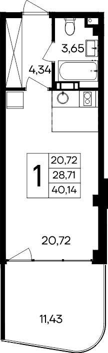 Студия, 28.71 м²