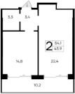 1-комн., 43.9 м²