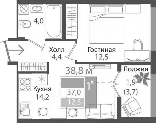 2-комн., 35.1 м²