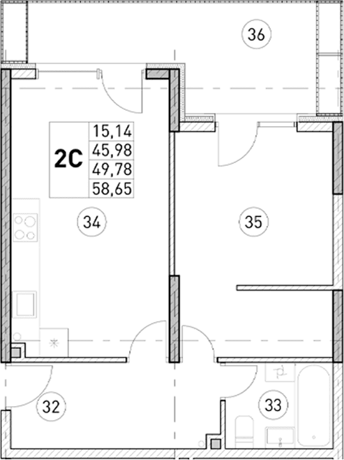 1-комн., 45.98 м²
