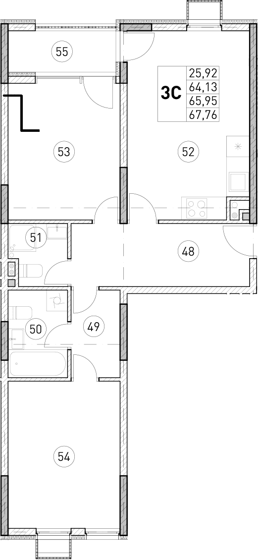 2-комн., 64.13 м²