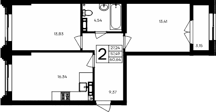 2-комн., 57.49 м²