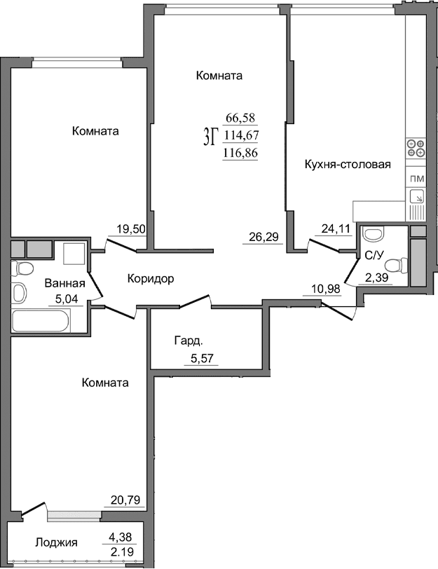 3-комн., 114.61 м²