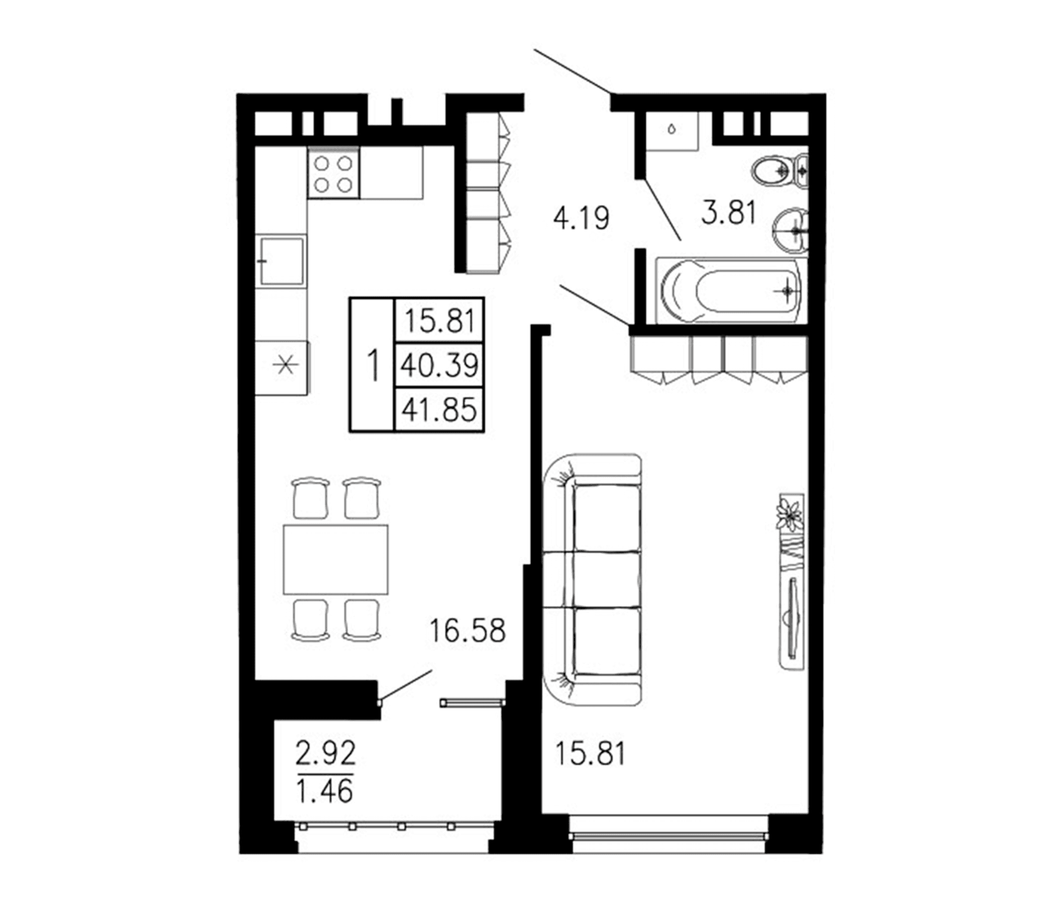1-комн., 40.39 м²