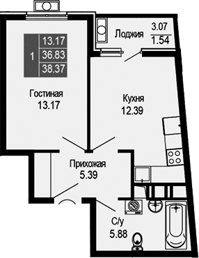 1-комн., 36.83 м²