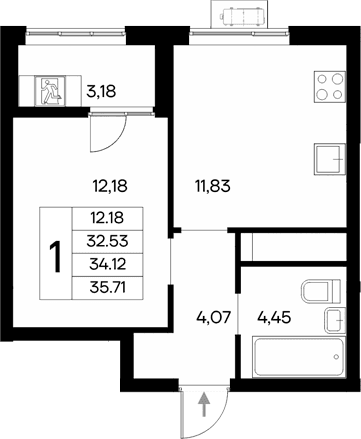 1-комн., 32.53 м²