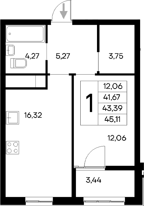 1-комн., 41.67 м²