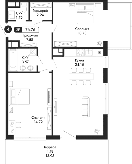 3-комн., 72.58 м²