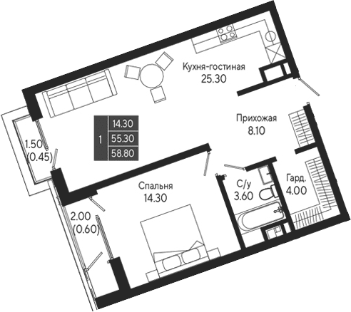 1-комн., 55.3 м²