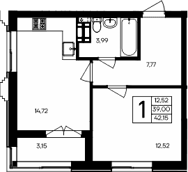 1-комн., 39 м²