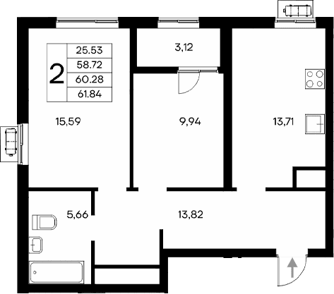 2-комн., 58.72 м²