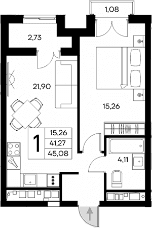 1-комн., 41.27 м²